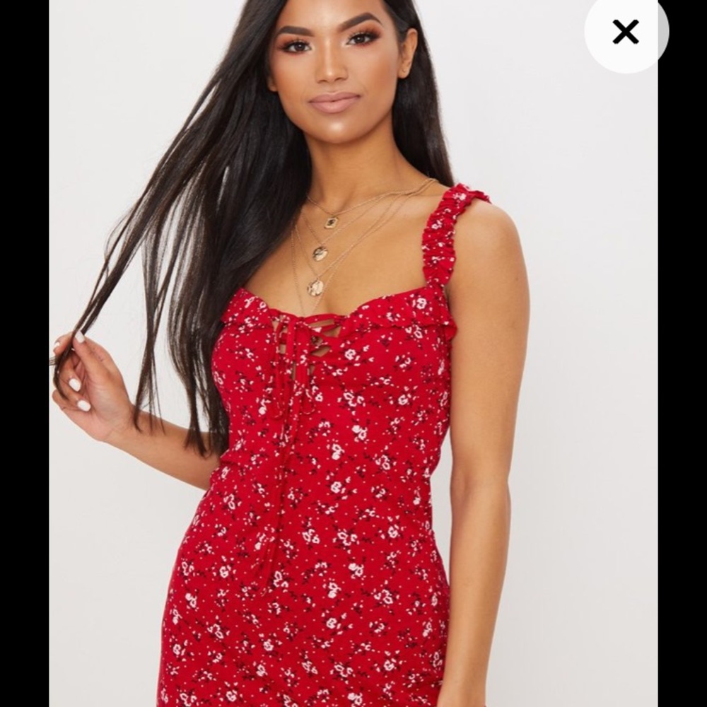 Red Floral Print Frill Detail Shift Dress